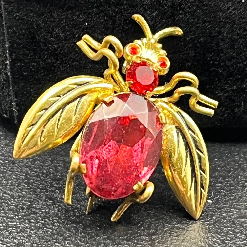 Vintage Czecho Bug Brooch Pink Rhinestone Body Red Eyes Brass Gold Tone